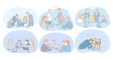 Teamwork, brainstorming, negotiations, agreement, deal, presentation concept. Business people office workers discussing projects together, having brainstorming, making presentation for partners vector