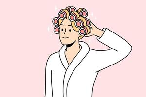 Smiling young woman in bathrobe and curlers on head getting ready. Happy female do beauty procedures at home. Vector illustration.