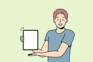 Smiling young man show tablet with mockup screen. Happy male demonstrate empty blank screen on pad device demonstrate good offer or deal. Vector illustration.