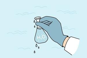 Closeup of researcher hand in glove holding tube with water sample for analysis or diagnostic. Scientist take aqua for analyzing in laboratory. Microbiology and science. Vector illustration.