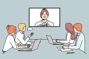 Smiling businesswoman talk on video call with colleagues in office. Businesspeople have web conference in boardroom. Digital communication. Vector illustration.