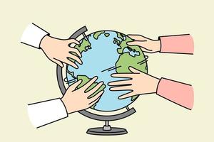 Diverse people touch globe interested in geography. Hands turn planet Earth sphere. Environment conservation and education. Vector illustration.