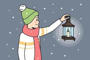 Smiling little boy in hat holding candle walking in darkness. Happy small child in outerwear with lantern walk in snow outdoors. Vector illustration.