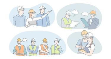 Engineering and construction workers concept. People engineers, builders and managers in protective helmets and uniform communicating and discussing building projects and construction plans together vector