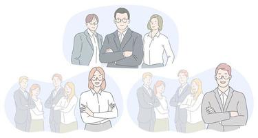 Teamwork, leadership, business concept. Smiling young business people partners office coworkers standing in teams and looking at camera in official clothing together vector illustration