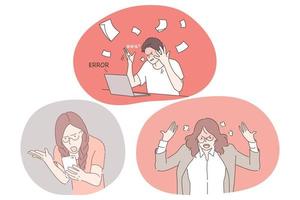 Stress, overwork, overload concept. Unhappy depressed angry young people office workers feeling anger and aggression during conflicts, network errors and communication problems illustration vector