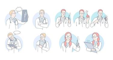 Medicare, healthcare, doctors and therapist during work concept. Professional doctors men and women cartoon characters in white medical uniform making examination and treatment procedures during work vector