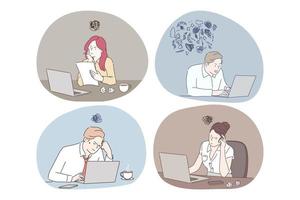 Online work, thinking during work with laptop in office concept. Young business people office workers or managers sitting in office and thinking about presentations or analytics work on laptops vector