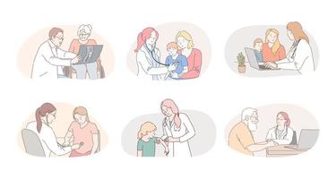 Medicare, atención médica, terapeutas, concepto de trabajo de pediatras. médicos profesionales terapeutas y pediatras personajes de dibujos animados consultando y curando pacientes en clínicas médicas durante las visitas vector