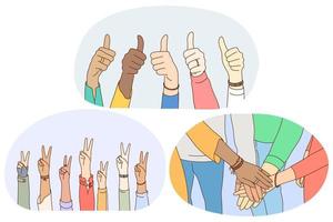 Sign and gesture language, hands emotion expression concept. Hands of mixed race people showing thumbs up sign, peace fingers sign and making heap of hands showing teamwork and mutual support vector