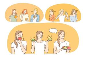 alimentos saludables, alimentación limpia, frutas, dieta, pérdida de peso, concepto de nutrición. personajes de dibujos animados de mujeres jóvenes positivas comiendo verduras y frutas frescas y bebiendo jugos de vitaminas. bienestar, cuidado del cuerpo vector