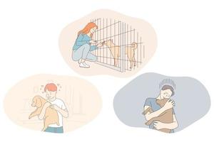 Adoption dogs from shelter, volunteering and helping pets concept. Young boys and girl feeding dogs in shelter cage, holding on hands, hugging and taking care of adopted puppies illustration vector