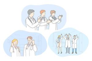 medicina, doctores, éxito, trabajo en equipo, logro, concepto de agradecimiento. médicos jóvenes con uniforme blanco que muestran logros exitosos, aplauden y se sienten felices en la oficina de la clínica médica vector