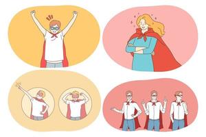 superhéroe, superhombre, poder, fuerza, concepto de confianza. personajes de dibujos animados de gente positiva joven en manto de traje de superman y máscara imaginando poder y liderazgo. fantasía, imaginación, justicia vector