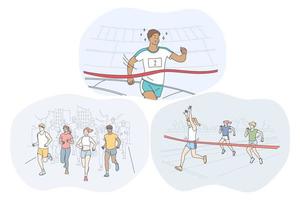 Athletics, running, marathon competition concept. Young people sportsmen athletes taking part in running sport marathons outdoors and on stadiums. Active healthy lifestyle and training illustration vector