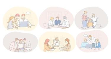Teamwork, communication, meeting, discussion, collaboration concept. Business people partners coworkers cartoon characters discussing projects, having brainstormings and meetings in office vector