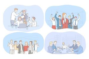 Success, agreement, business, negotiations, teamwork concept. Happy young business people partners cartoon characters showing thumb up sign after successful meeting, discussing business development vector