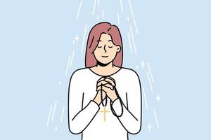 Young woman with rosary in hands praying. Religious superstitious girl with beads talk to God ask about good fate. Religion and faith. Vector illustration.