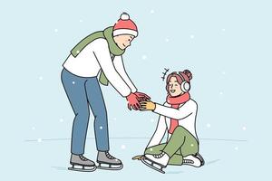 Caring young man help woman fall on ice rink. Happy couple skating on rink during winter holidays. Hobby and entertainment. Vector illustration.