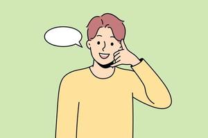 Smiling young man with telephone gesture show call sign. Happy guy with speech bubble above head ask to dial or telephone. Vector illustration.