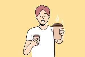 Smiling young man with coffee cups in cup offer drink to friend. Happy guy stretch hand with takeaway warm drink to camera. Vector illustration.