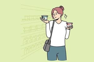 Young woman grocery shopping in supermarket choosing yoghurt. Confused female client make choice between dairy products in shop. Vector illustration.