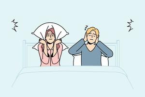 Unhappy couple in bed suffer from excessive noise unable to sleep. Upset distressed man and woman struggle with noisy neighbors. Vector illustration.