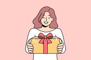 Smiling young woman hold wrapped beautiful present in hands congratulate with Christmas. Happy girl give gift greeting with New Year holidays. Vector illustration.