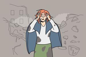 Unhappy distressed woman save after building bombing and destruction. Upset scared female walk in ruins after house bombardment. War crime. Vector illustration.