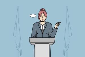 Businesswoman with speech bubble above head speak at conference. Female employee in formalwear make presentation at business meeting or seminar. Vector illustration.