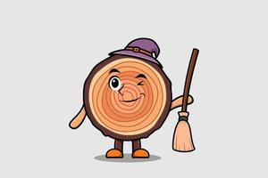 lindo personaje de tronco de madera en forma de bruja de dibujos animados vector
