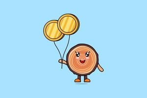 tronco de madera de dibujos animados flotando con globo de moneda de oro vector
