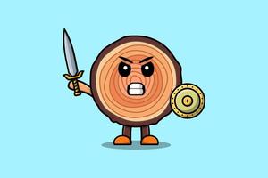 Cute cartoon Wood trunk holding sword and shield vector