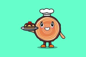 Cute Cartoon chef Wood trunk serving cake on tray vector