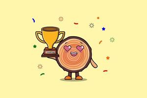 Cute Cartoon Wood trunk holding golden trophy vector