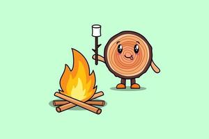 lindo tronco de madera de dibujos animados está quemando malvavisco vector