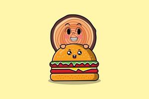 lindo personaje de dibujos animados de tronco de madera escondido en hamburguesa vector