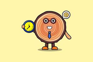 lindo personaje de tronco de madera de dibujos animados con reloj vector