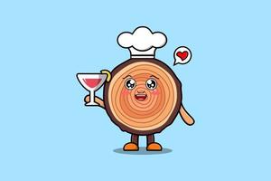 Cute cartoon Wood trunk chef holding wine glass vector