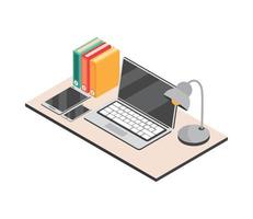 isometric desktop laptop and binders vector