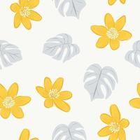 flores de hibisco y hojas de fondo transparente. papel de regalo de naturaleza tropical o diseño textil. hermoso estampado con flores exóticas dibujadas a mano. vector