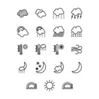 weather icons set on transparent background. Vector illustration. White clouds, dew on leaves, fog sign, day and night for forecast design. Sun and thunderstorm stickers.