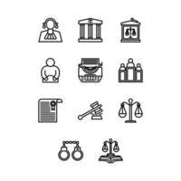 iconos de línea de ley y juicio. juego de iconos lineales de vectores de justicia, tribunal de justicia y gobierno.