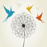 Birds fly round a dandelion. A vector illustration