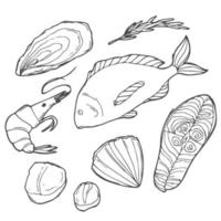 Hand drawn Seafood set. Decorative icons Squid, Octopus, salmon, oysters, scallops, lobster, red perch ,crab, shellfish and mussels. Vector illustration in old ink style