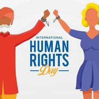 International human rights day background. peoples with different race raising hands and broken chains the symbol of freedom. vector