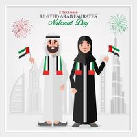 tarjeta de felicitación del día nacional de los emiratos árabes unidos. pareja emiratí de dibujos animados sosteniendo la bandera nacional de los emiratos árabes unidos celebrando el día nacional de los emiratos árabes unidos vector