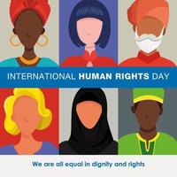 International human rights day background. peoples with different race raising hands and broken chains the symbol of freedom. vector