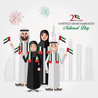 tarjeta de felicitación del día nacional de los emiratos árabes unidos. familia emiratí de dibujos animados sosteniendo la bandera nacional de los emiratos árabes unidos celebrando el día nacional de los emiratos árabes unidos vector