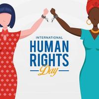 International human rights day background. peoples with different race raising hands and broken chains the symbol of freedom. vector